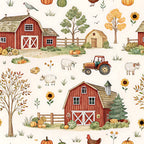 barn red, cream, golden yellow, burnt orange, sage green, forest green, rust, sunflower, farmhouse, rural, pastoral, vintage, rustic, whimsical, toile, pastoral scenes, farm animals, tractors, barns, pumpkins, sunflowers, sheep, goats, chickens, trees, autumn, fall harvest, countryside, agricultural, farm life