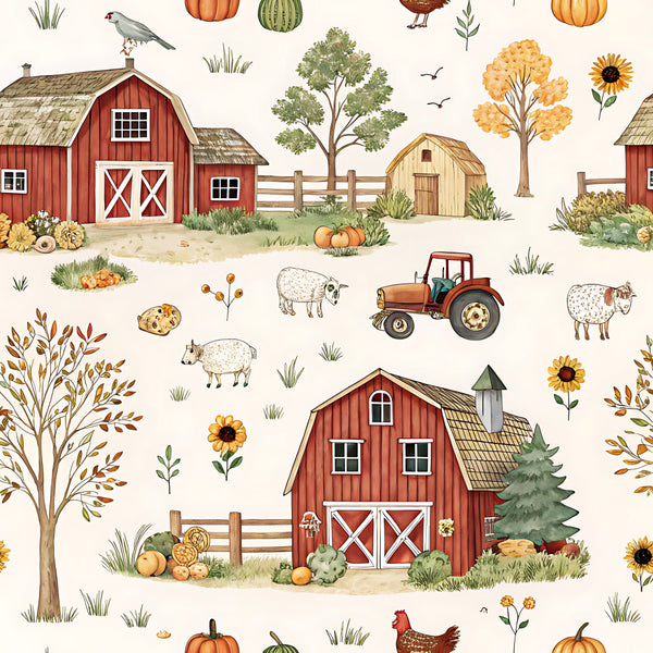 barn red, cream, golden yellow, burnt orange, sage green, forest green, rust, sunflower, farmhouse, rural, pastoral, vintage, rustic, whimsical, toile, pastoral scenes, farm animals, tractors, barns, pumpkins, sunflowers, sheep, goats, chickens, trees, autumn, fall harvest, countryside, agricultural, farm life
