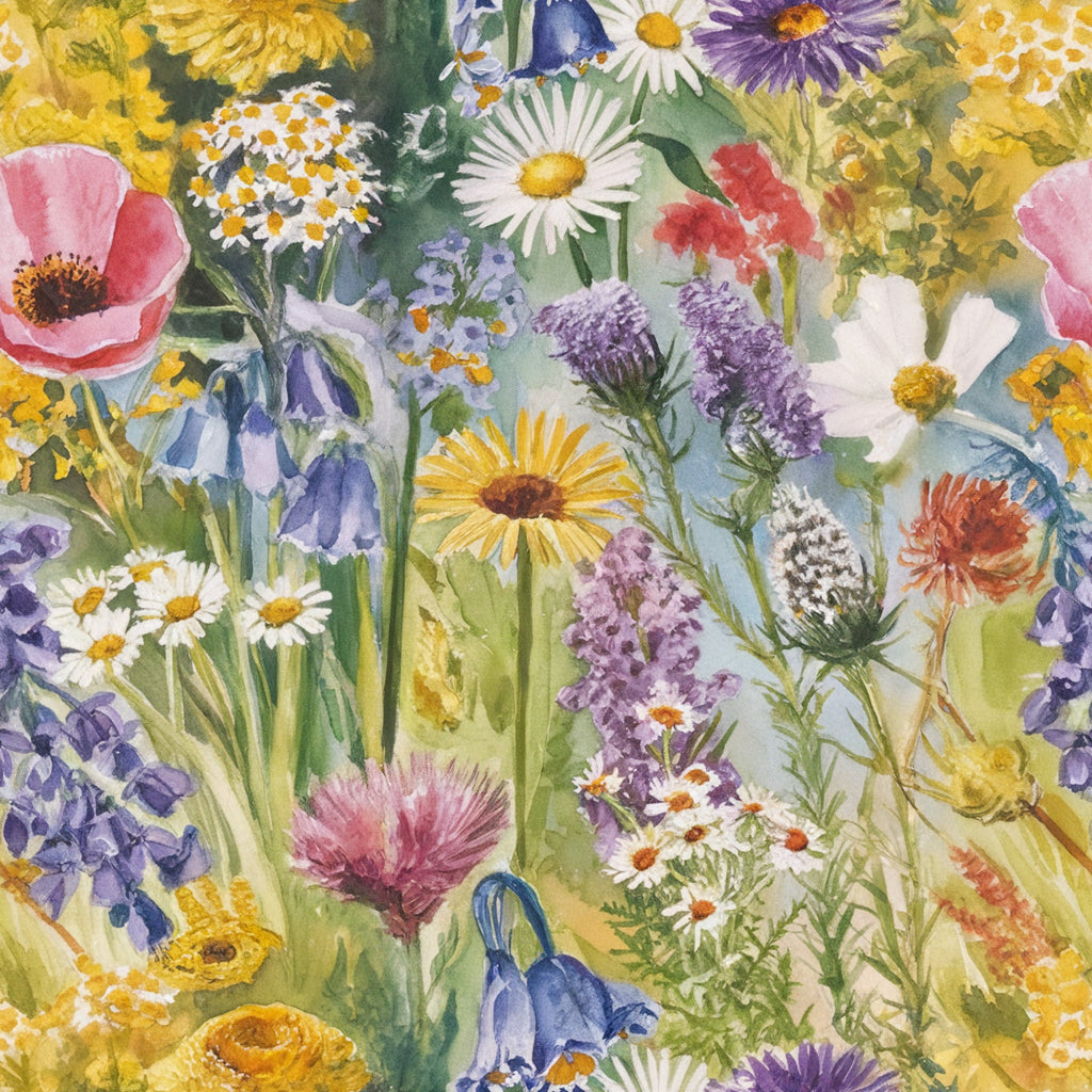 wildflower meadow, watercolor painting, botanical illustration, pink poppies, purple lavender, white daisies, yellow flowers, blue blooms, green foliage, floral pattern, nature scene, spring garden,, fabric panel, artistic florals, cottage garden, mixed wildflowers, soft pastels, meadow flowers, quilting material