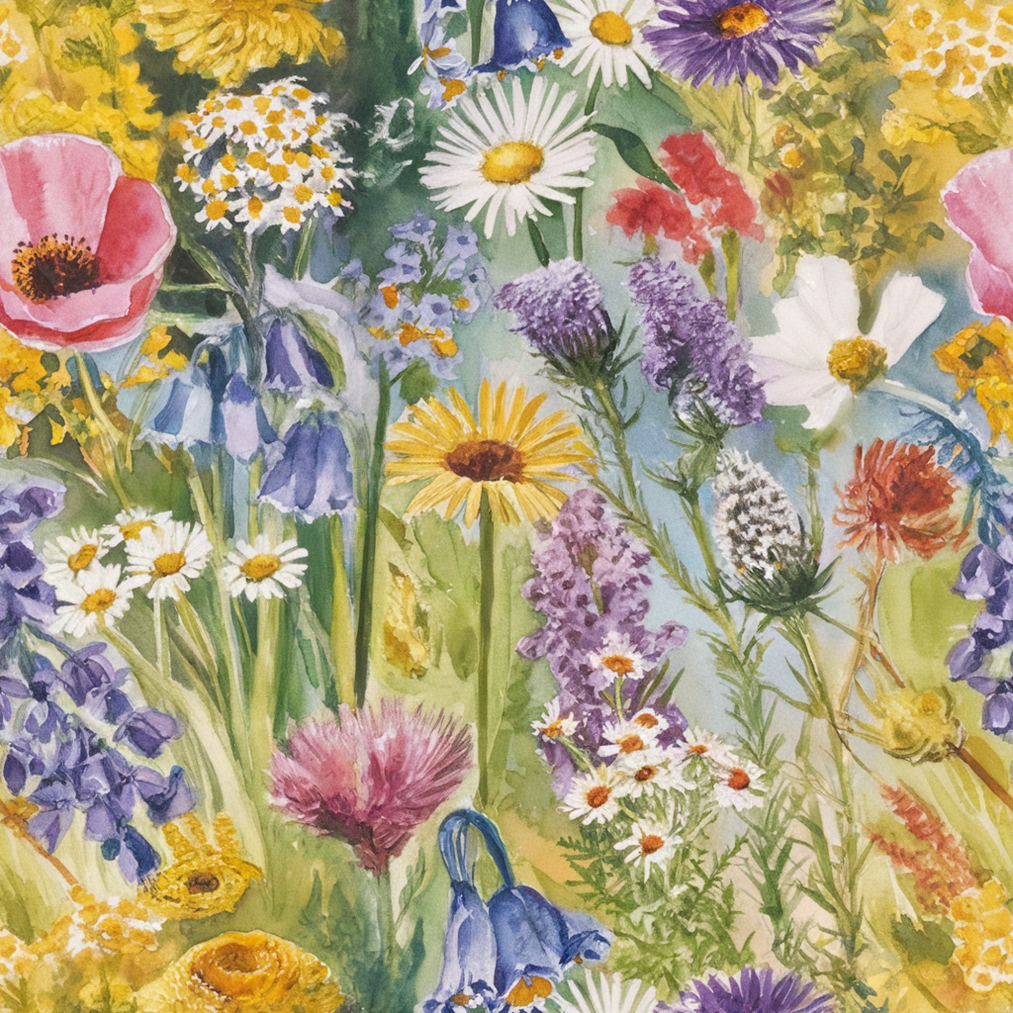 wildflower meadow, watercolor painting, botanical illustration, pink poppies, purple lavender, white daisies, yellow flowers, blue blooms, green foliage, floral pattern, nature scene, spring garden,, fabric panel, artistic florals, cottage garden, mixed wildflowers, soft pastels, meadow flowers, quilting material