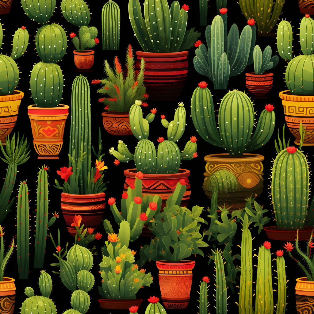 retro cactus,, fabric panel, desert plants, succulent garden, terracotta pots, decorative pottery, green cacti, coral flowers, orange accents, black background, southwestern style, botanical pattern, potted plants, spiky texture, geometric pots, vibrant colors, desert theme, repeating pattern, cotton fabric