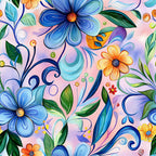 vibrant blue, coral pink, orange flowers, abstract floral, swirling patterns, decorative scrolls, botanical design, whimsical art, contemporary style,, fabric panel, flowing vines, colorful blooms, artistic florals, modern floral, pink background, blue petals, green leaves, ornamental swirls, cheerful mood