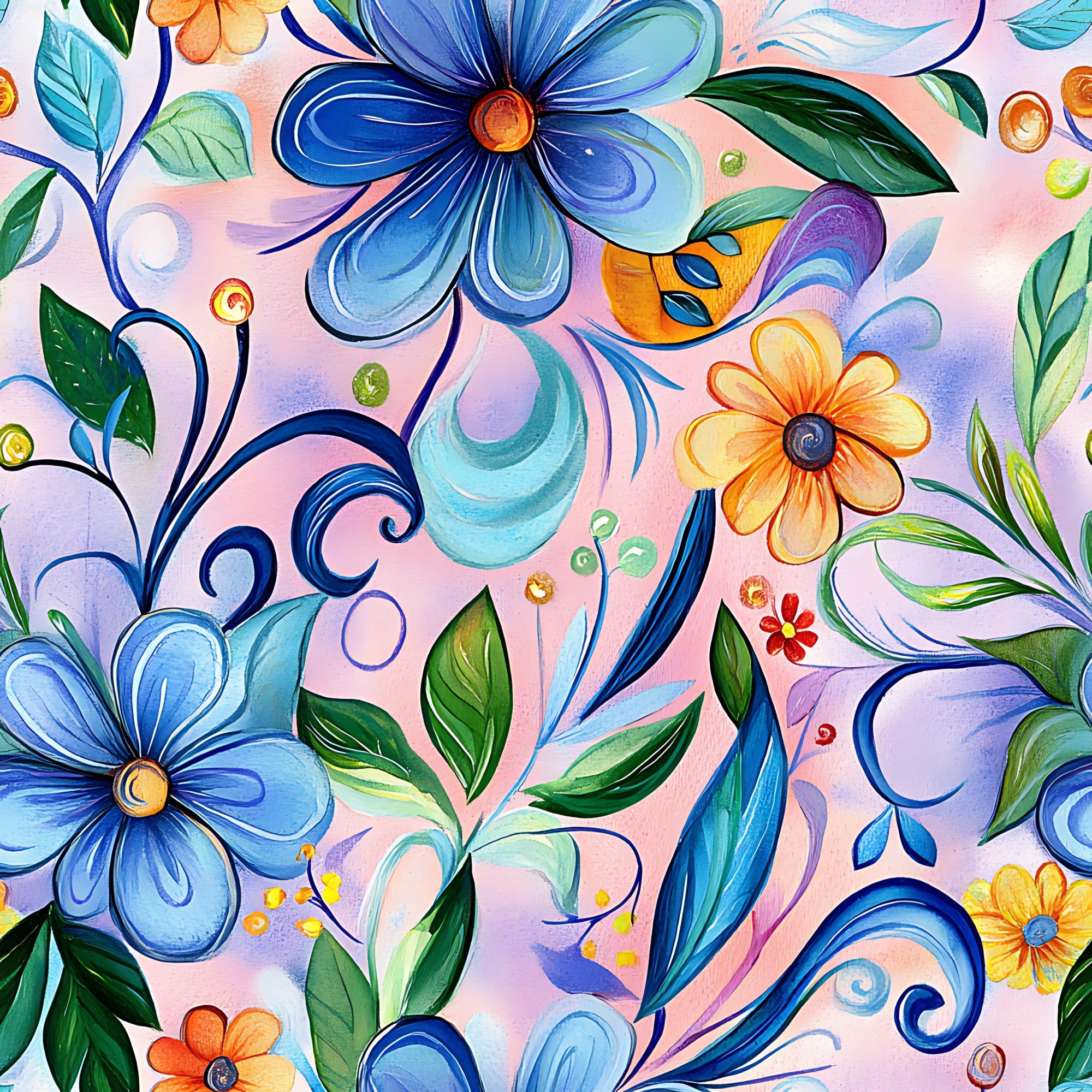 vibrant blue, coral pink, orange flowers, abstract floral, swirling patterns, decorative scrolls, botanical design, whimsical art, contemporary style,, fabric panel, flowing vines, colorful blooms, artistic florals, modern floral, pink background, blue petals, green leaves, ornamental swirls, cheerful mood