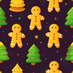 golden yellow, bright yellow, forest green, deep purple, vibrant red, gingerbread man, gingerbread people, christmas trees, holiday theme, festive, whimsical, playful, cheerful, smiling faces, candy decorations, christmas, winter holiday, kids room, playroom, nursery, children's decor, cute characters, fun pattern, colorful, colorful motifs, stars and sparkles, festive cheer, baker themed, sweet treats
