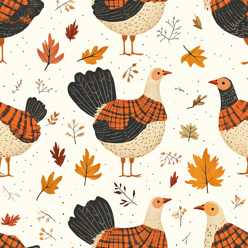 autumn birds, fall leaves, orange plaid, black wings, cream colored birds, rust orange, burnt orange, charcoal black, tan beige, plaid pattern, nature themed, woodland animals, seasonal fall, harvest time, whimsical style, rustic farmhouse, playroom decor, kids room, nursery fabric, folk art, cottage core, traditional pattern, hand drawn style, oak leaves, maple leaves, branch motifs, cozy aesthetic, autumn colors, fall season, children's design