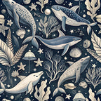 navy blue, cream, beige, whales, sea creatures, starfish, seaweed, coral, shells, planets, celestial, ocean themed, marine life, spotted whales, underwater scene, mystical, dreamy,, fabric panel, seamless pattern, nautical, cosmic ocean, flowing seaweed, dotted details, natural elements