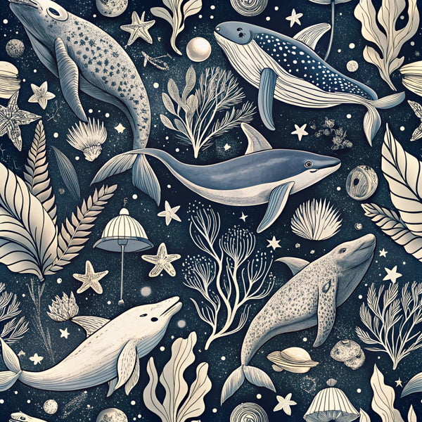 navy blue, cream, beige, whales, sea creatures, starfish, seaweed, coral, shells, planets, celestial, ocean themed, marine life, spotted whales, underwater scene, mystical, dreamy,, fabric panel, seamless pattern, nautical, cosmic ocean, flowing seaweed, dotted details, natural elements