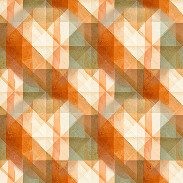 rust orange, burnt orange, sage green, olive green, cream, beige, tan, geometric, triangular, modern, abstract, retro, vintage, mid-century, earth tones, warm colors, quilted look, patchwork, tessellation, contemporary, fall colors, autumn, rustic, neutral palette, color blocking, angular design, homeware, decor fabric