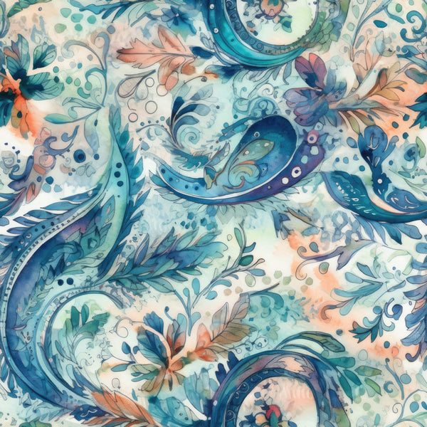 watercolor, paisley, floral motifs, teal blue, coral orange, sage green, navy blue, cream background, swirling patterns, botanical elements, flowing design, organic shapes, whimsical style,, fabric panel, dreamy aesthetic, soft pastels, nature inspired, decorative scrollwork, artistic flourishes