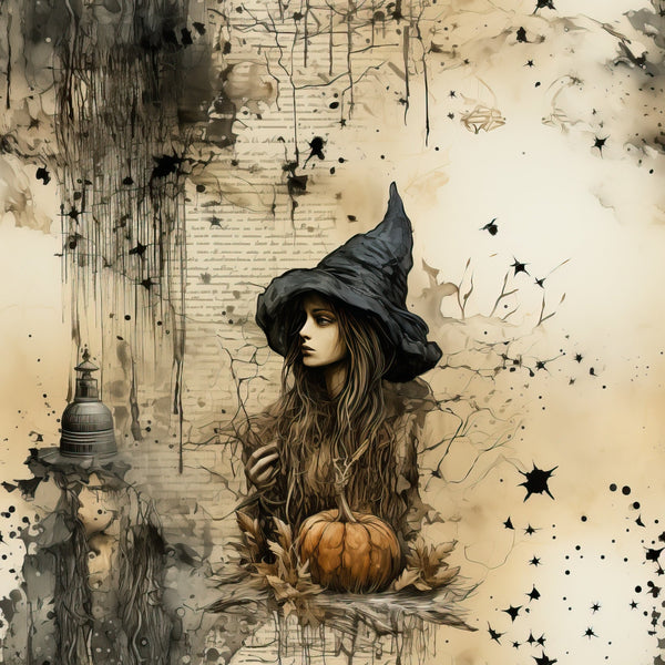 witch, halloween, pumpkin, lantern, black hat, long hair, sepia tones, beige, cream, brown, stars, ink splatter, vintage style, gothic, autumn, magical, spooky,, fabric panel, watercolor effect, mystical atmosphere