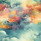 watercolor clouds, dreamy sky, coral pink, turquoise blue, sunset orange, soft yellow, lavender purple, teal green, abstract clouds, ethereal atmosphere, painterly style, flowing design, whimsical mood,, fabric panel, celestial theme, artistic watercolor, cloud formations, pastel palette, serene skyscape