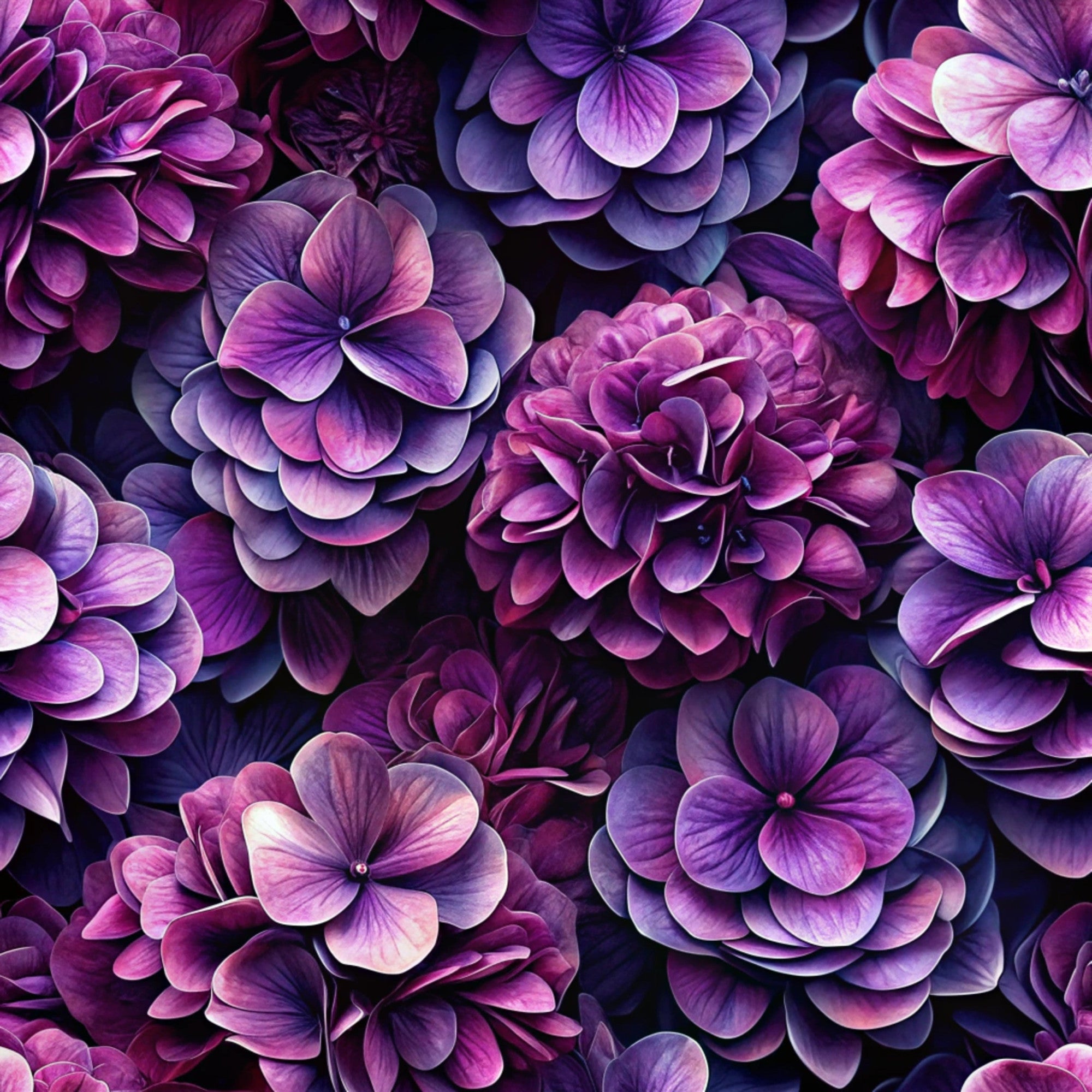 realistic flowers, purple blooms, magenta petals, lavender shades, deep violet, layered petals, floral pattern, botanical design,, fabric panel, dimensional flowers, rich purples, flower clusters, petal details, seamless repeat, garden blooms, textile design, crafting fabric, sewing material, floral motifs
