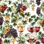 grape vines, wine glasses, burgundy, deep purple, golden yellow, forest green, orange accents, botanical illustration, watercolor style, vineyard theme, grape clusters, vine leaves, autumn colors, wine country,, fabric panel, realistic grapes, wine motif, harvest season, nature pattern