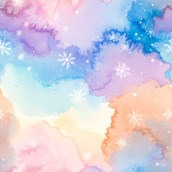 pastel pink, lavender purple, sky blue, coral peach, soft yellow, watercolor, abstract, snowflakes, winter, frozen, dreamy, whimsical, ethereal, celestial, holiday, christmas, nursery, baby room, kids room, soft pastels, ombre, gradient, gender neutral, gentle, calming, magical, sparkle, snow theme, seasonal, baby shower