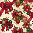 burgundy red, deep red, forest green, sage green, cream, gold, metallic gold, holiday, christmas, festive, elegant, traditional, vintage, ornaments, bells, bows, ribbons, evergreen branches, pine needles, pearl accents, beaded details, formal, luxurious, classic, seasonal, winter, decorative, sparkly, shiny finishes, timeless