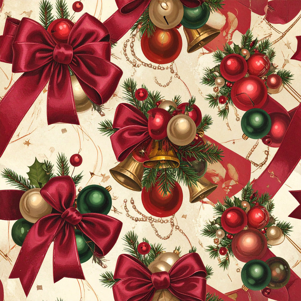 burgundy red, deep red, forest green, sage green, cream, gold, metallic gold, holiday, christmas, festive, elegant, traditional, vintage, ornaments, bells, bows, ribbons, evergreen branches, pine needles, pearl accents, beaded details, formal, luxurious, classic, seasonal, winter, decorative, sparkly, shiny finishes, timeless