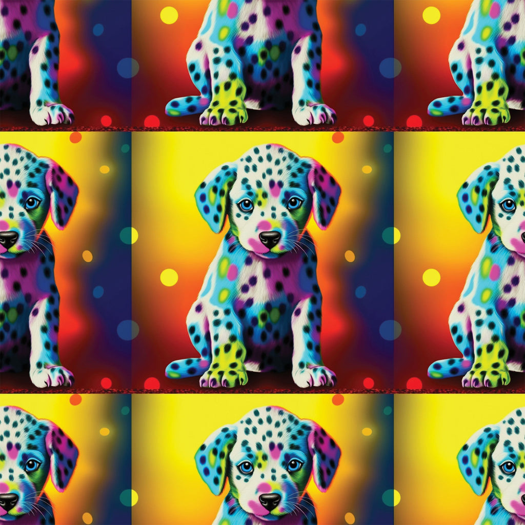 colorful puppies, dalmatian dogs, rainbow colors, vibrant spots, neon pink, electric blue, bright yellow, orange gradient, purple accents, turquoise, lime green, polka dots, pop art style, psychedelic,, fabric panel, repeating pattern, playful animals, contemporary art, bright backgrounds