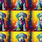 colorful puppies, dalmatian dogs, rainbow colors, vibrant spots, neon pink, electric blue, bright yellow, orange gradient, purple accents, turquoise, lime green, polka dots, pop art style, psychedelic,, fabric panel, repeating pattern, playful animals, contemporary art, bright backgrounds
