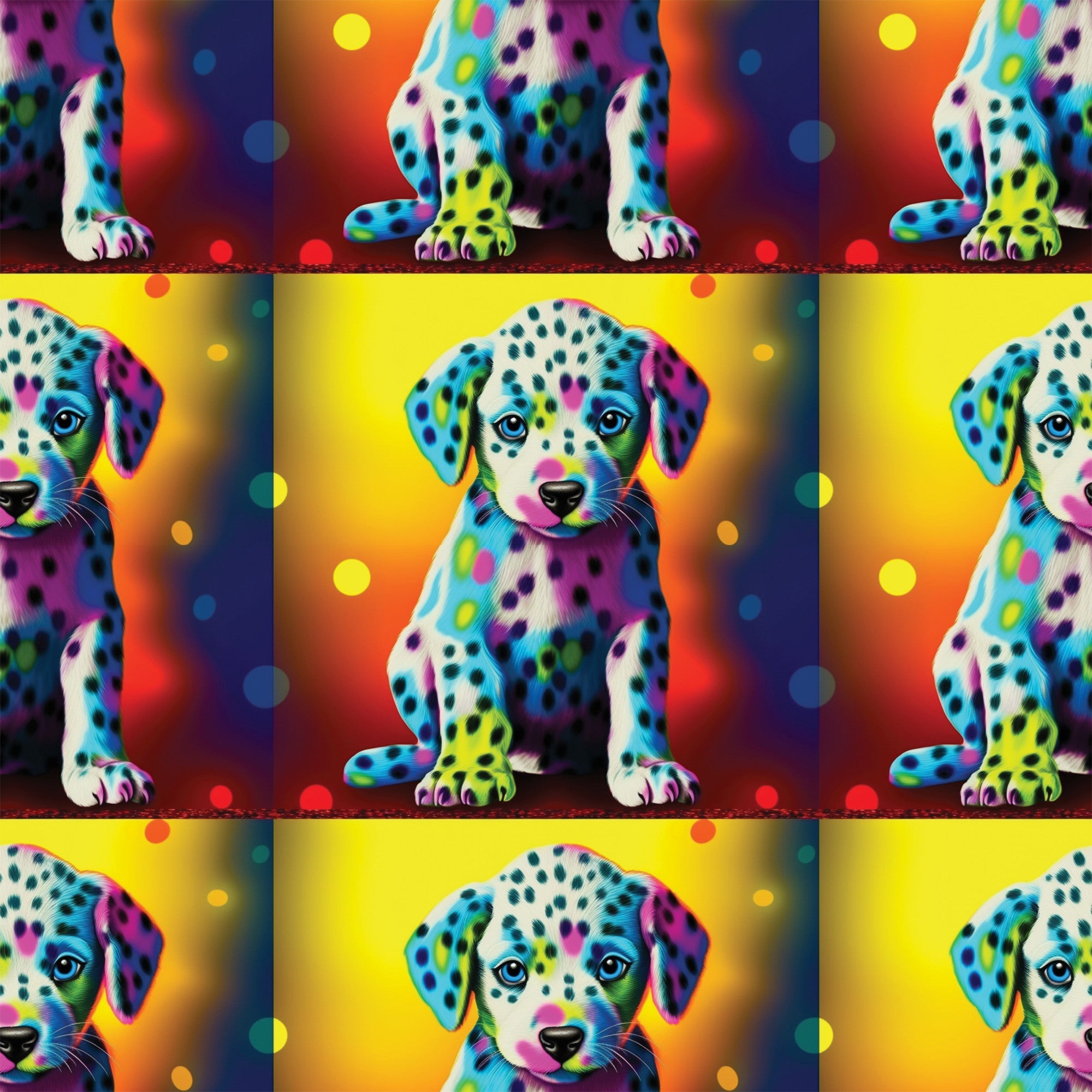 colorful puppies, dalmatian dogs, rainbow colors, vibrant spots, neon pink, electric blue, bright yellow, orange gradient, purple accents, turquoise, lime green, polka dots, pop art style, psychedelic,, fabric panel, repeating pattern, playful animals, contemporary art, bright backgrounds