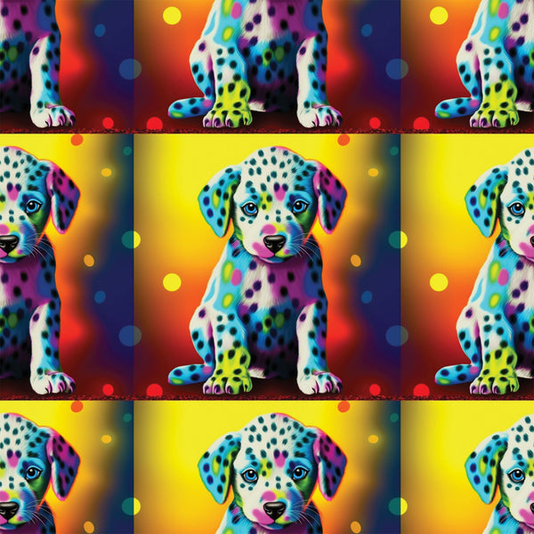 colorful puppies, dalmatian dogs, rainbow colors, vibrant spots, neon pink, electric blue, bright yellow, orange gradient, purple accents, turquoise, lime green, polka dots, pop art style, psychedelic,, fabric panel, repeating pattern, playful animals, contemporary art, bright backgrounds