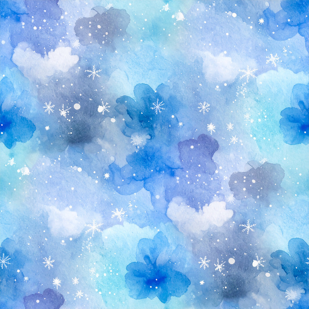 sky blue, periwinkle, lavender, white, pale blue, soft blue, cloud white, winter white, snowflake, abstract, watercolor, floral, clouds, winter, holiday, christmas, celestial, whimsical, dreamy, magical, ethereal, soft, gentle, nursery, baby room, kids room, toddler, snowflakes, bokeh, sparkle