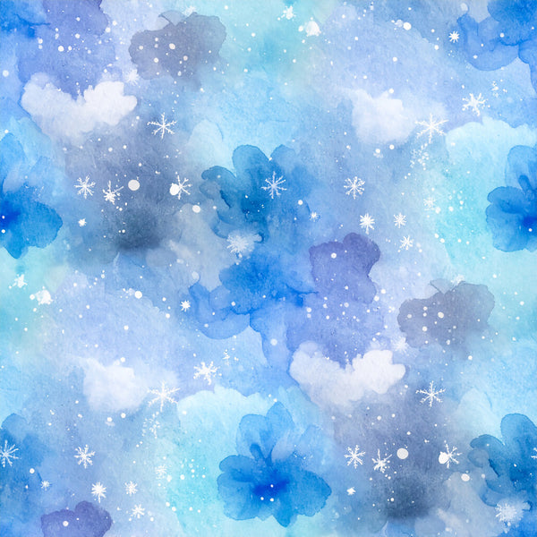 sky blue, periwinkle, lavender, white, pale blue, soft blue, cloud white, winter white, snowflake, abstract, watercolor, floral, clouds, winter, holiday, christmas, celestial, whimsical, dreamy, magical, ethereal, soft, gentle, nursery, baby room, kids room, toddler, snowflakes, bokeh, sparkle