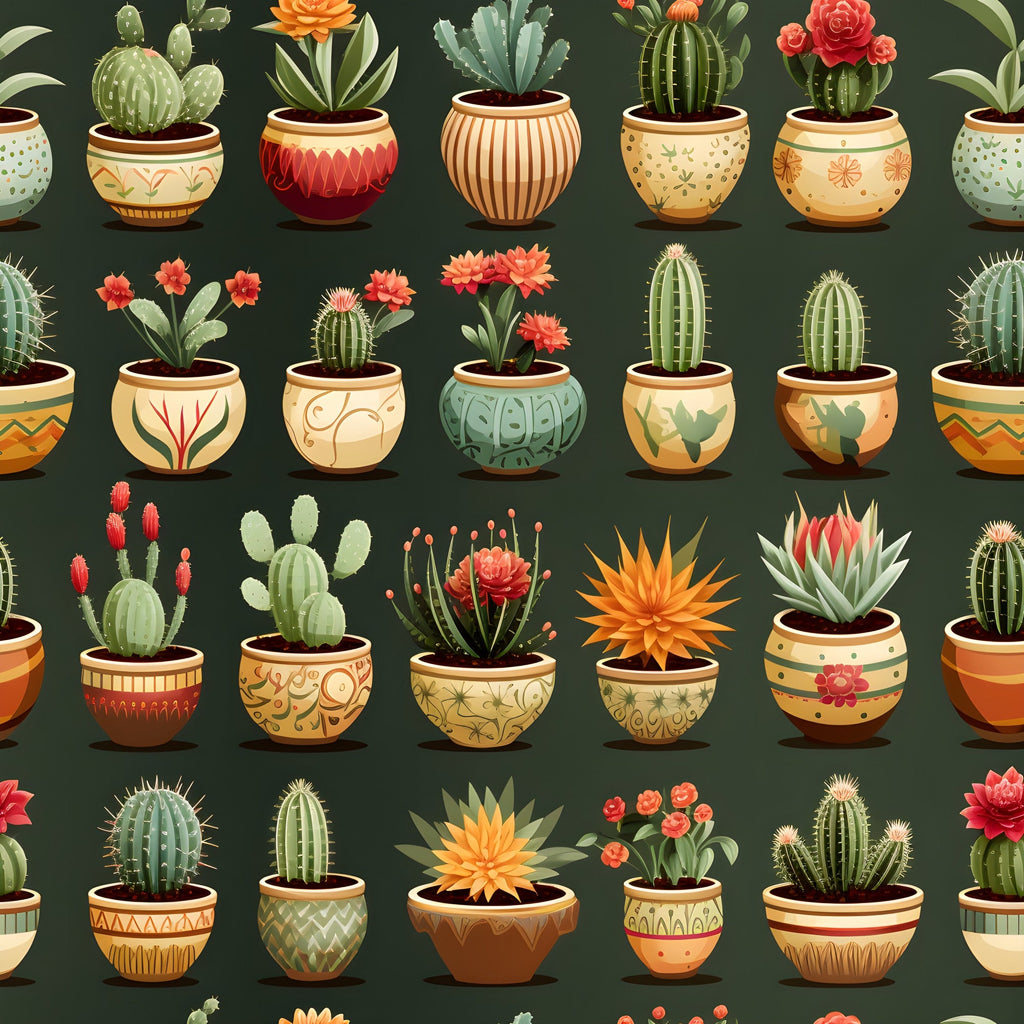 retro cactus, succulent plants, decorative pots, terra cotta planters, orange flowers, coral blooms, green cacti, spiky plants, patterned pottery, geometric designs, botanical illustration, vintage style,, fabric panel, desert plants, potted succulents, floral accents, earthy tones, sage green, warm orange