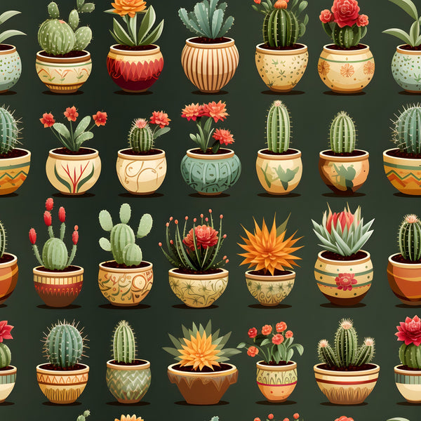 retro cactus, succulent plants, decorative pots, terra cotta planters, orange flowers, coral blooms, green cacti, spiky plants, patterned pottery, geometric designs, botanical illustration, vintage style,, fabric panel, desert plants, potted succulents, floral accents, earthy tones, sage green, warm orange