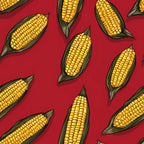 sweet corn, corn cobs, yellow kernels, red background, crimson red, golden yellow, green husks, vegetable pattern, food motif, harvest theme, autumn colors,, fabric panel, repeating pattern, botanical design, farm fresh, agricultural theme, corn on the cob, kitchen fabric, cooking theme
