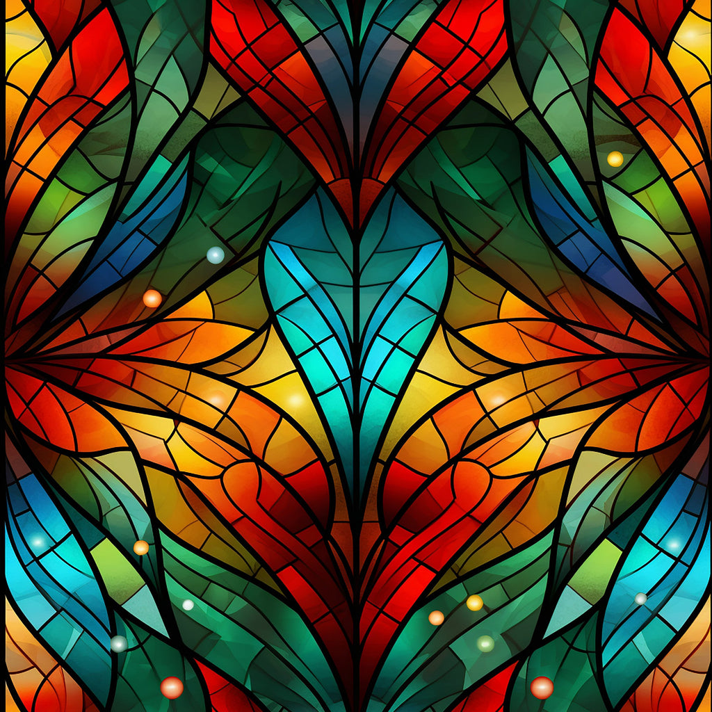 stained glass, christmas pattern,, fabric panel, red, orange, yellow, green, blue, turquoise, geometric design, mosaic pattern, church window style, holiday fabric, vibrant colors, art nouveau, decorative motifs, festive design, kaleidoscope effect, multicolored