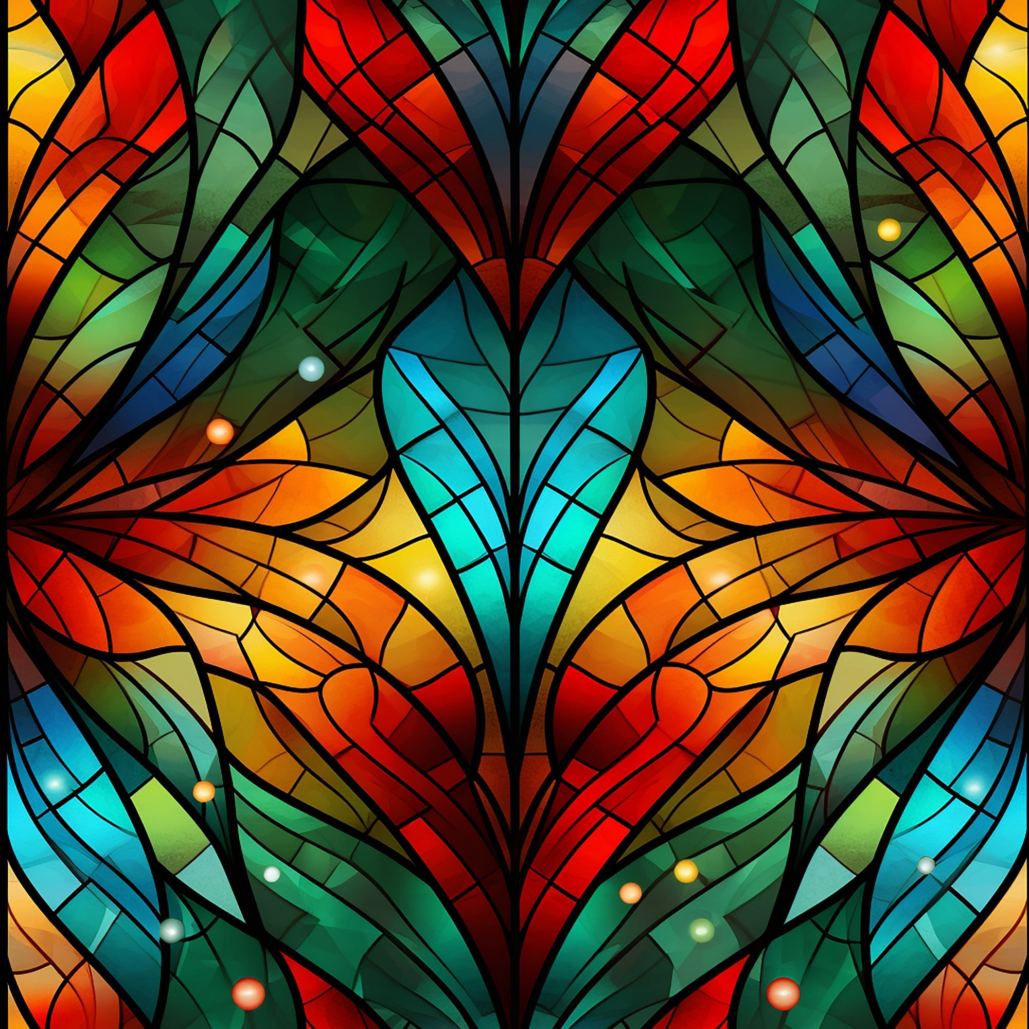 stained glass, christmas pattern,, fabric panel, red, orange, yellow, green, blue, turquoise, geometric design, mosaic pattern, church window style, holiday fabric, vibrant colors, art nouveau, decorative motifs, festive design, kaleidoscope effect, multicolored