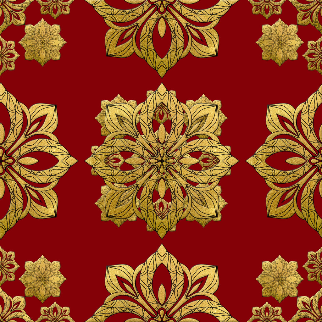 red background, gold metallic, ornate medallions, floral motifs, paisley patterns, decorative scrollwork, symmetrical design, intricate details, luxurious appearance, christmas fabric,, fabric panel, holiday theme, elaborate ornaments, botanical elements, rich colors, festive pattern, damask style, elegant motifs