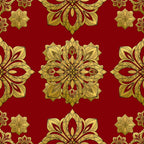 red background, gold metallic, ornate medallions, floral motifs, paisley patterns, decorative scrollwork, symmetrical design, intricate details, luxurious appearance, christmas fabric,, fabric panel, holiday theme, elaborate ornaments, botanical elements, rich colors, festive pattern, damask style, elegant motifs