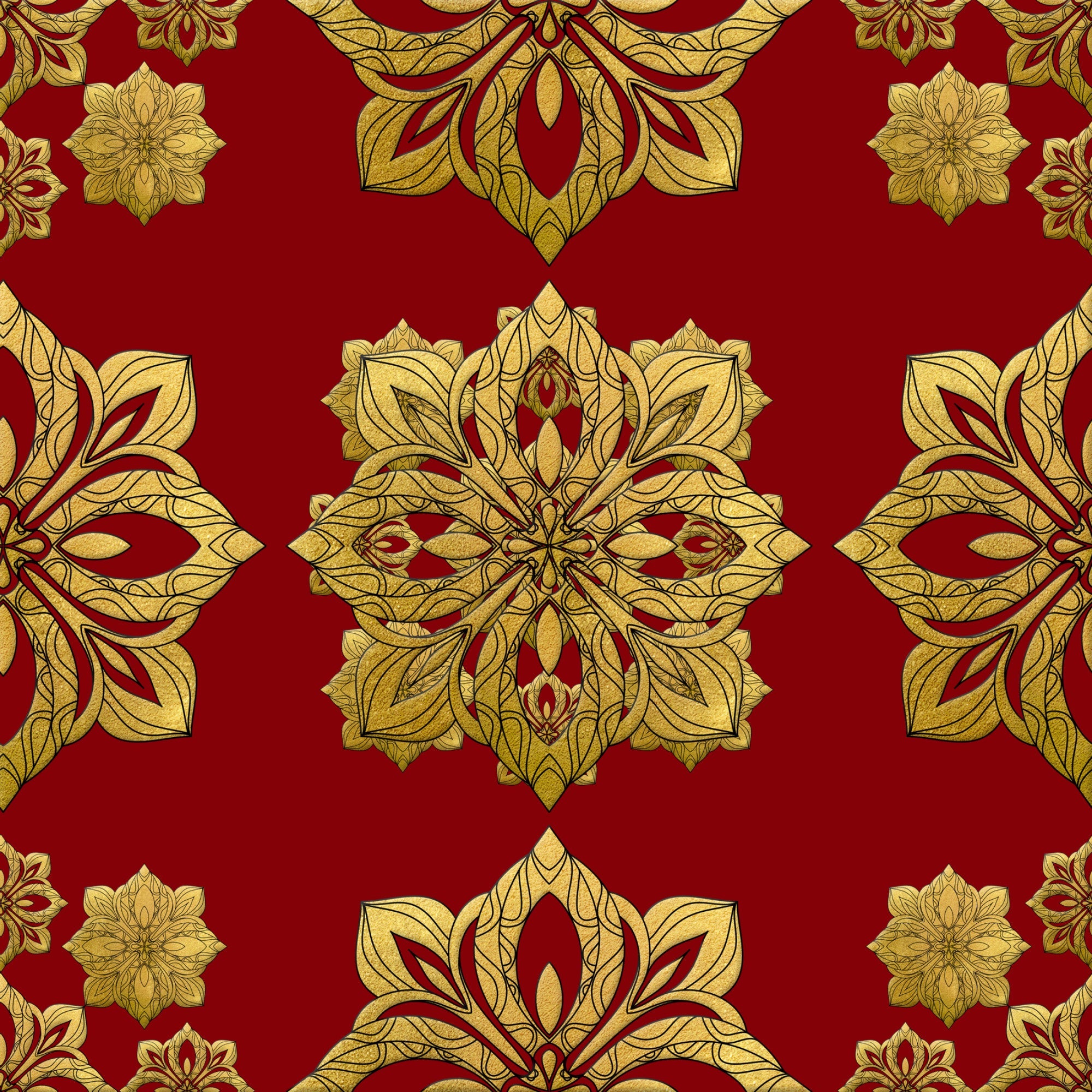 red background, gold metallic, ornate medallions, floral motifs, paisley patterns, decorative scrollwork, symmetrical design, intricate details, luxurious appearance, christmas fabric,, fabric panel, holiday theme, elaborate ornaments, botanical elements, rich colors, festive pattern, damask style, elegant motifs