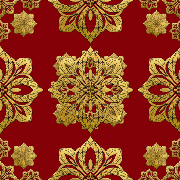 red background, gold metallic, ornate medallions, floral motifs, paisley patterns, decorative scrollwork, symmetrical design, intricate details, luxurious appearance, christmas fabric,, fabric panel, holiday theme, elaborate ornaments, botanical elements, rich colors, festive pattern, damask style, elegant motifs