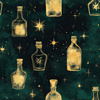 forest green, deep teal, gold, dark green, celestial, potion bottles, magical, mystical, witchy, stars, sparkles, vintage apothecary, alchemy, enchanted, dark academia, elegant, whimsical, night sky, constellation, spooky, gothic, occult, fantasy, spell bottles, starbursts, dreamy, moody, sophisticated, alternative style, halloween