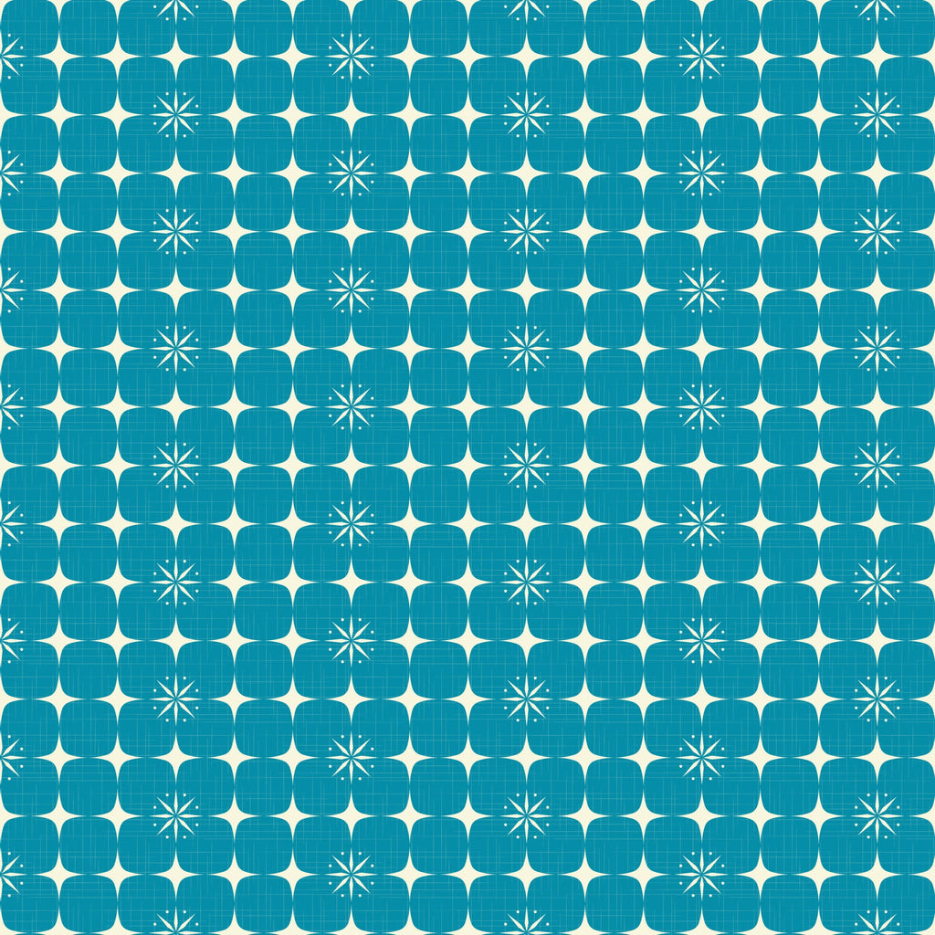 turquoise, teal, blue, white, atomic starburst, geometric pattern, mid-century modern, retro design,, fabric panel, starbursts, atomic age, vintage style, geometric shapes, repeating pattern, modernist, space age, angular design, textile art, crafting fabric