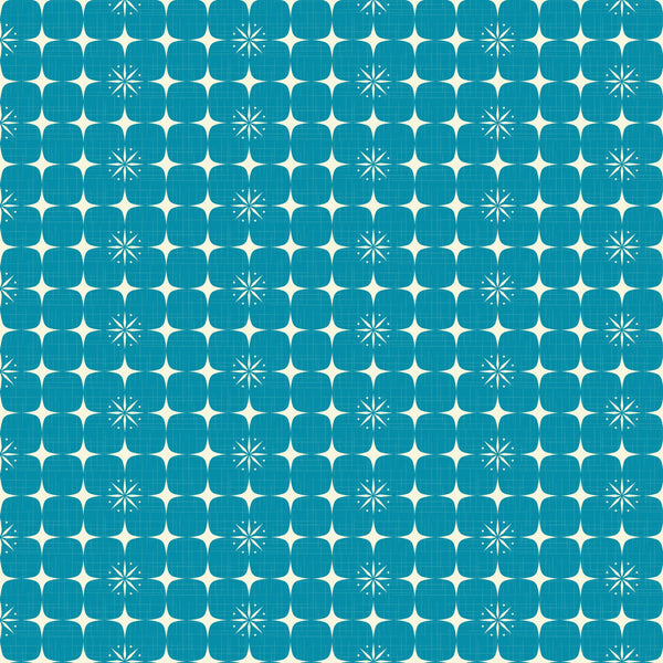 turquoise, teal, blue, white, atomic starburst, geometric pattern, mid-century modern, retro design,, fabric panel, starbursts, atomic age, vintage style, geometric shapes, repeating pattern, modernist, space age, angular design, textile art, crafting fabric