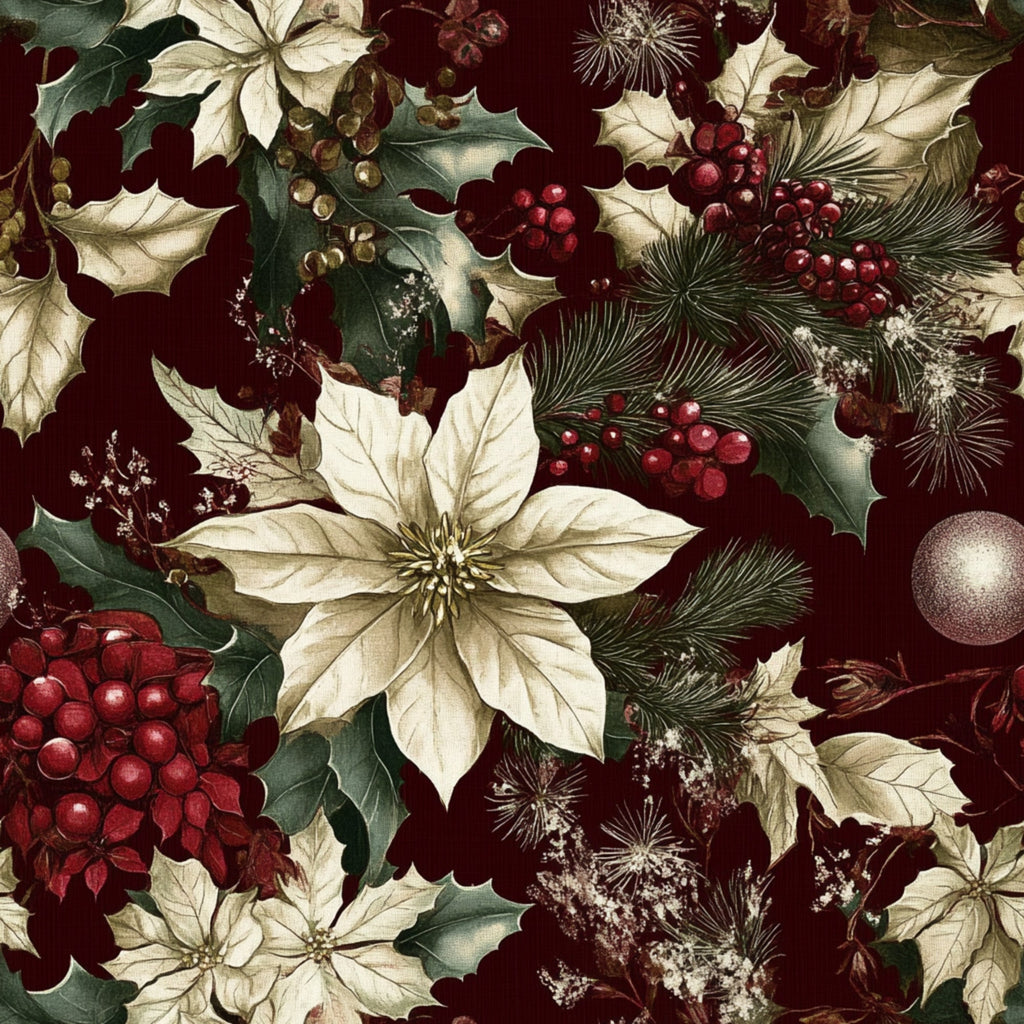christmas fabric,, fabric panel, poinsettias, holly leaves, red berries, pine branches, pinecones, ornaments, burgundy, cream, ivory, deep red, forest green, floral pattern, botanical design, winter foliage, holiday motif, vintage style, rich colors