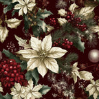 christmas fabric,, fabric panel, poinsettias, holly leaves, red berries, pine branches, pinecones, ornaments, burgundy, cream, ivory, deep red, forest green, floral pattern, botanical design, winter foliage, holiday motif, vintage style, rich colors