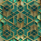 emerald green, gold accents, geometric pattern, hexagonal shapes, art deco style, 3d illusion, luxury design,, fabric panel, metallic finish, dimensional cubes, sophisticated pattern, teal background, golden outlines, modern geometric, textured appearance, repeating motif, contemporary style, rich colors, angular design