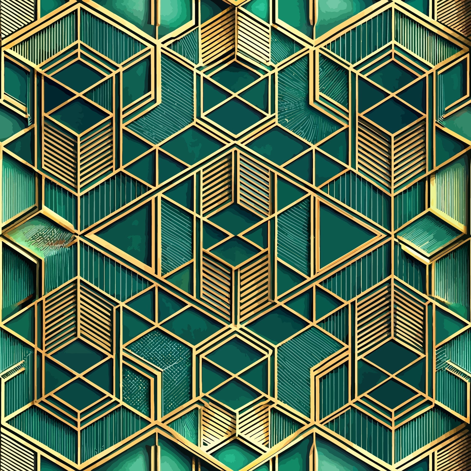 emerald green, gold accents, geometric pattern, hexagonal shapes, art deco style, 3d illusion, luxury design,, fabric panel, metallic finish, dimensional cubes, sophisticated pattern, teal background, golden outlines, modern geometric, textured appearance, repeating motif, contemporary style, rich colors, angular design