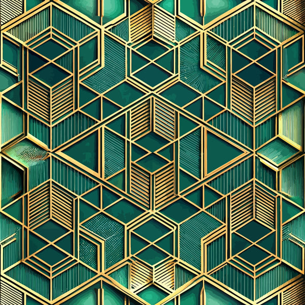 emerald green, gold accents, geometric pattern, hexagonal shapes, art deco style, 3d illusion, luxury design,, fabric panel, metallic finish, dimensional cubes, sophisticated pattern, teal background, golden outlines, modern geometric, textured appearance, repeating motif, contemporary style, rich colors, angular design