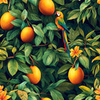 tropical pattern, mango fruit, parrot bird, orange yellow, emerald green, lush foliage, botanical design, jungle scene, exotic birds, citrus fruits, tropical leaves, vibrant colors, nature motif,, fabric panel, wildlife pattern, tropical flowers, dense vegetation, colorful parrot, fruit tree