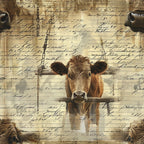 brown cow, vintage script, handwriting overlay, farm animal, rustic chains, sepia tones, beige background,, fabric panel, country style, agricultural theme, livestock portrait, aged paper effect, pastoral scene, antique writing, barnyard animal, neutral colors, farm life, rural motif, nostalgic atmosphere