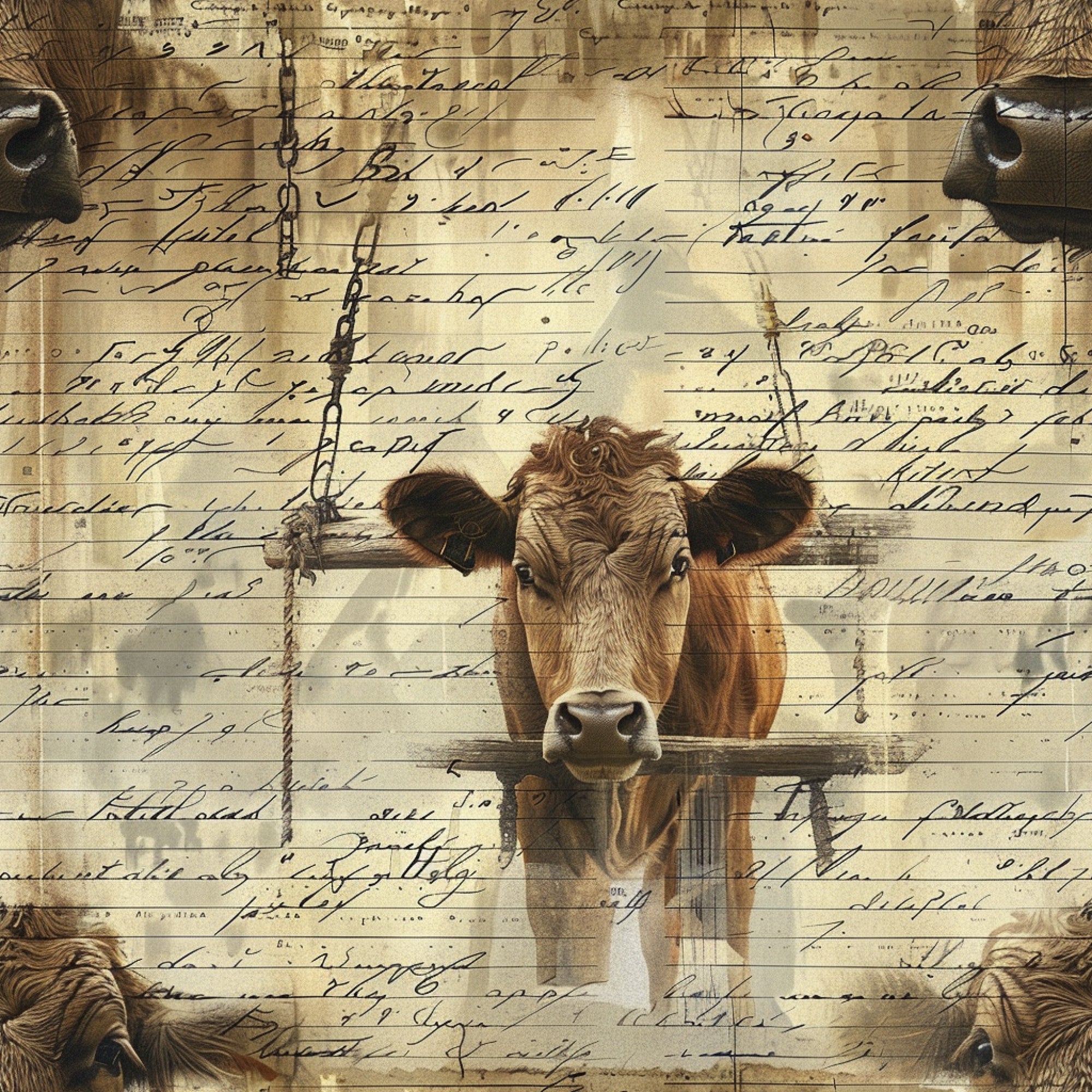 brown cow, vintage script, handwriting overlay, farm animal, rustic chains, sepia tones, beige background,, fabric panel, country style, agricultural theme, livestock portrait, aged paper effect, pastoral scene, antique writing, barnyard animal, neutral colors, farm life, rural motif, nostalgic atmosphere