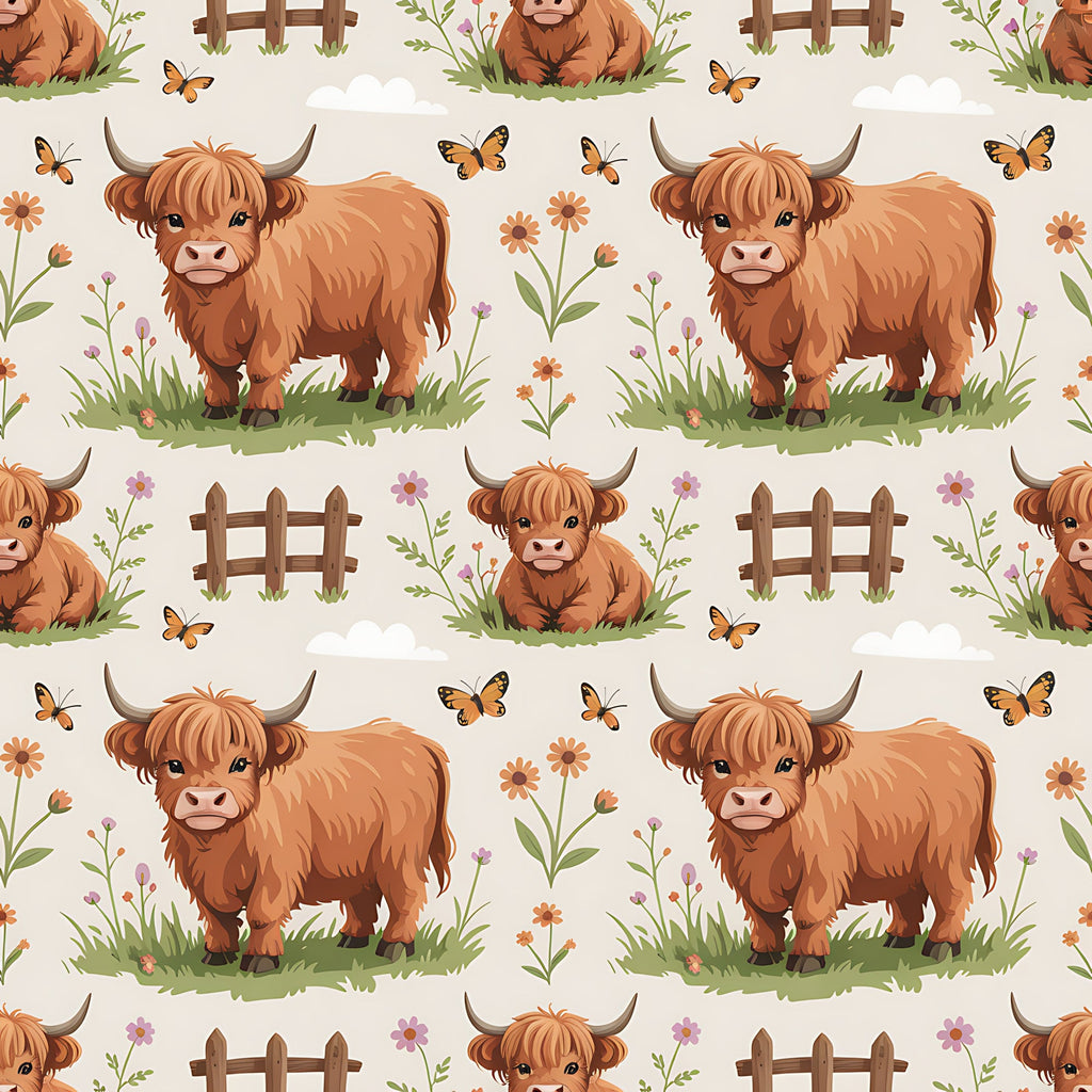 cartoon highland cows, orange brown fur, pastoral pattern, farm animals,, fabric panel, repeating design, cute cows, horned cattle, grass meadow, wooden fences, butterflies, wildflowers, countryside scene, rustic farm, animal illustration, children's fabric, nursery theme, soft beige background