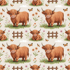 cartoon highland cows, orange brown fur, pastoral pattern, farm animals,, fabric panel, repeating design, cute cows, horned cattle, grass meadow, wooden fences, butterflies, wildflowers, countryside scene, rustic farm, animal illustration, children's fabric, nursery theme, soft beige background
