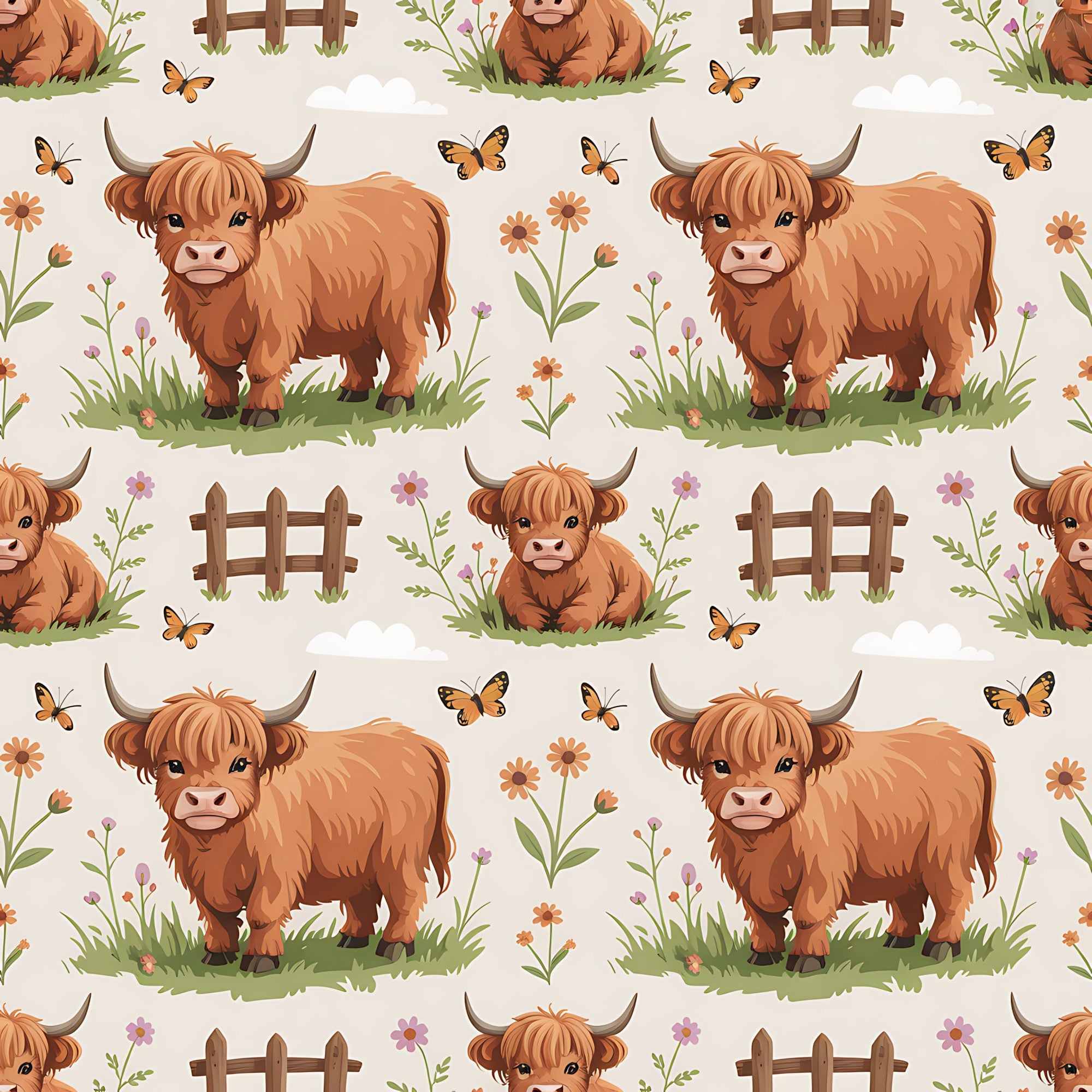 cartoon highland cows, orange brown fur, pastoral pattern, farm animals,, fabric panel, repeating design, cute cows, horned cattle, grass meadow, wooden fences, butterflies, wildflowers, countryside scene, rustic farm, animal illustration, children's fabric, nursery theme, soft beige background