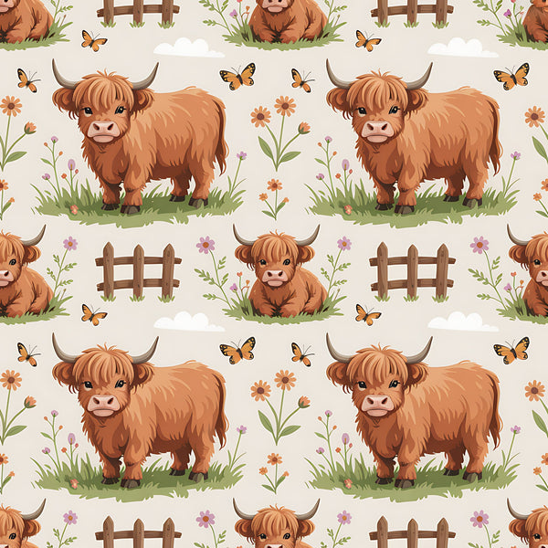 cartoon highland cows, orange brown fur, pastoral pattern, farm animals,, fabric panel, repeating design, cute cows, horned cattle, grass meadow, wooden fences, butterflies, wildflowers, countryside scene, rustic farm, animal illustration, children's fabric, nursery theme, soft beige background